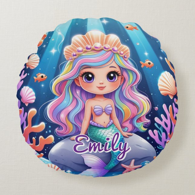  Round Mermaid Pillow – Editable Name (Front)