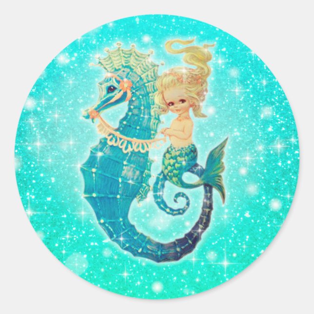 Round Mermaid Seahorse Aqua Stickers (Front)