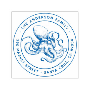 Round Nautical Hand-drawn Octopus Return Address Self-inking Stamp