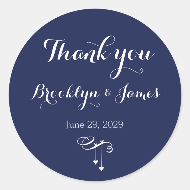 Round Navy Blue Wedding Stickers With White Hearts (Front)