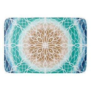 Round Ocean Waves Teal and Turquoise Mandala   Bath Mat