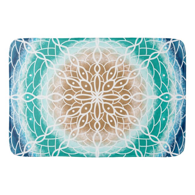 Round Ocean Waves Teal and Turquoise Mandala   Bath Mat (Front)