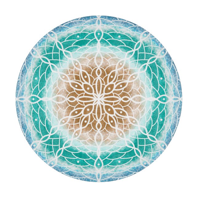 Round Ocean Waves Teal and Turquoise Mandala  Cutting Board (Front)