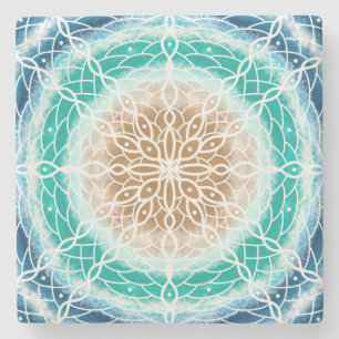 Round Ocean Waves Teal and Turquoise Mandala   Stone Coaster