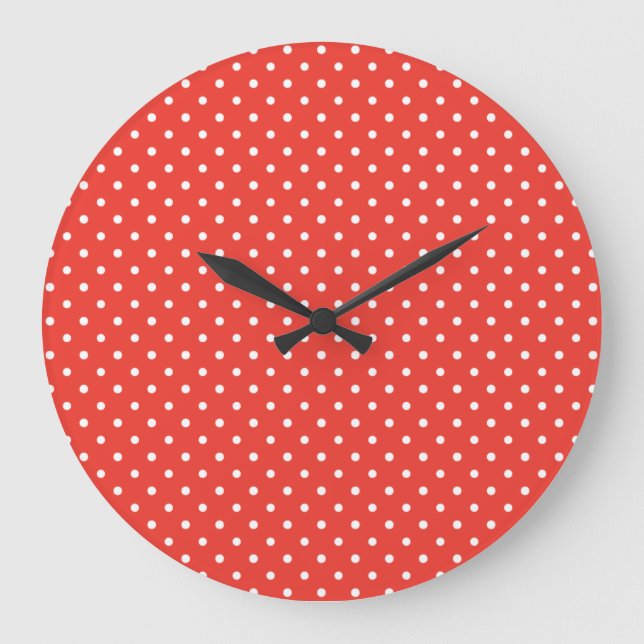 Round or Square Wall Clock, Red, White Polka Dots Large Clock (Front)