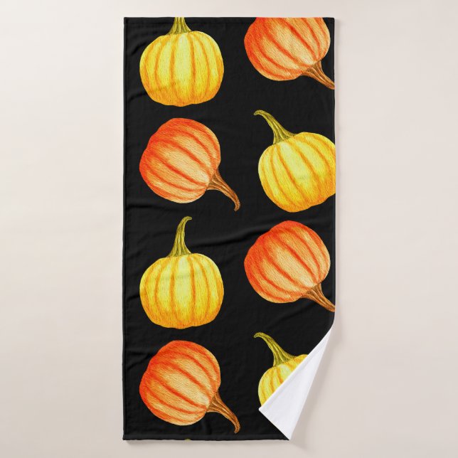 Round Orange and yellow pumpkin. Seamless watercol Bath Towel (Bath Towel)
