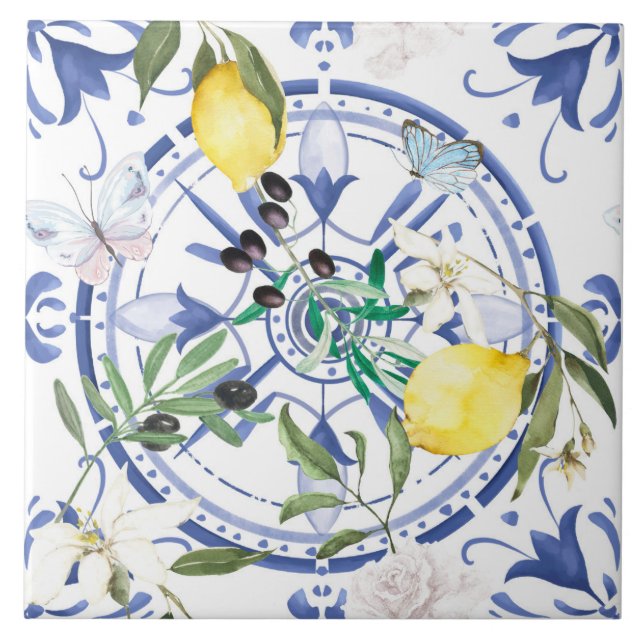 Round,ornate ,Spanish tile ,mediterranean ,lemon, (Front)