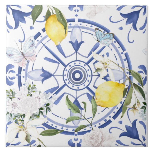 Round,ornate ,Spanish tile ,mediterranean ,lemon, (Front)