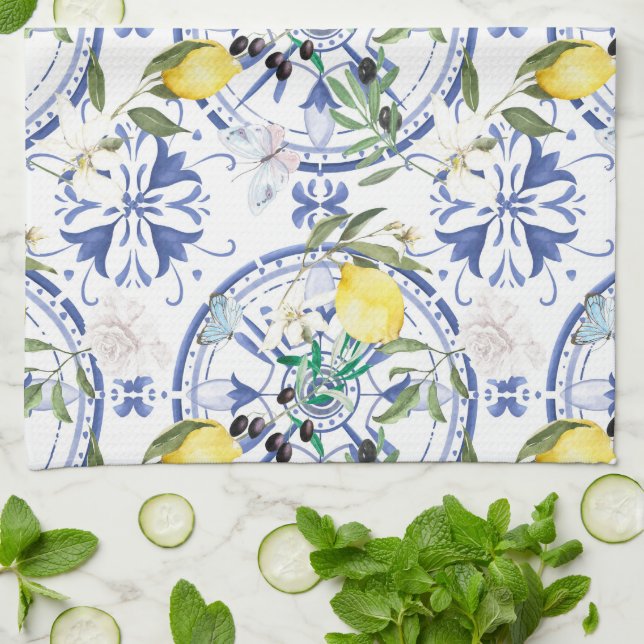 Round,ornate ,Spanish tile ,mediterranean ,lemon, Kitchen Towel (Folded)