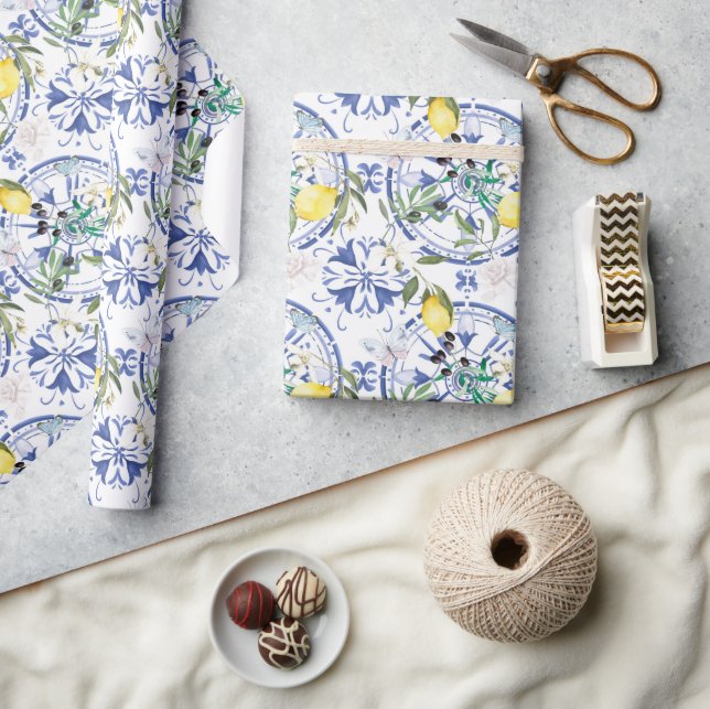 Round,ornate ,Spanish tile ,mediterranean ,lemon, Wrapping Paper (Crafts)