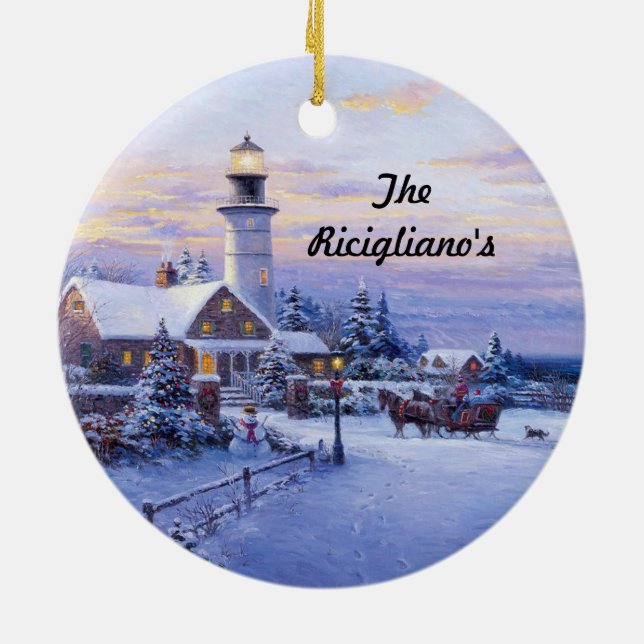 Round Personalized Lighthouse Ceramic Ornament (Back)