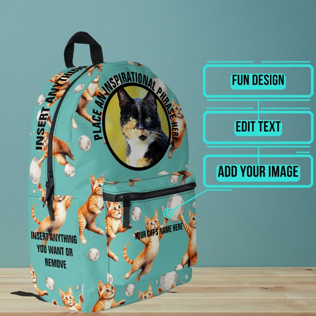 Round Photo and Text Cats Chasing Bubbles Printed Backpack (Please enjoy our cat backpack)