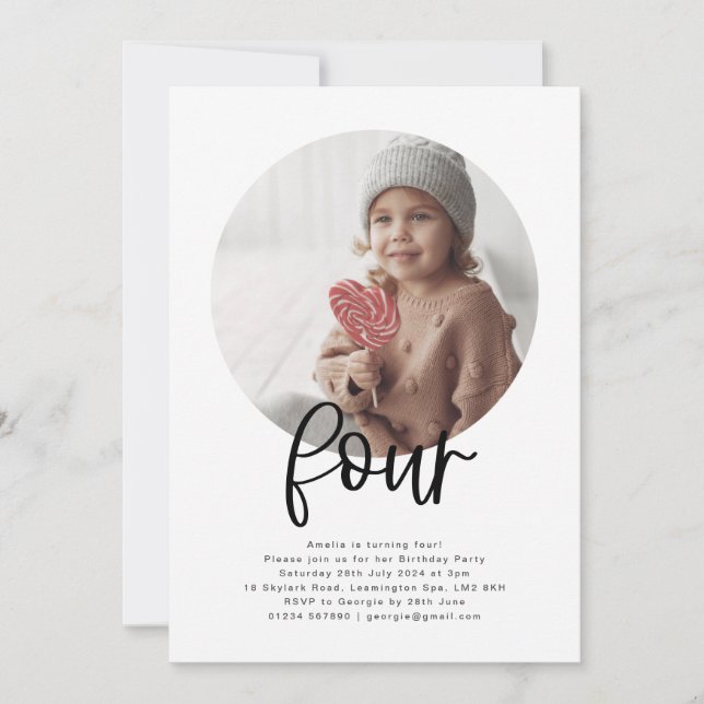 Round Photo Four Birthday Invitation (Front)