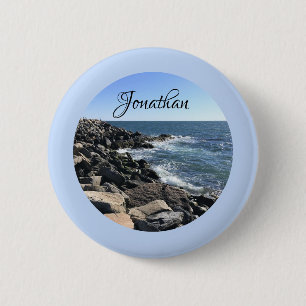 Round Photo of Atlantic Ocean Rocky Shoreline Sea 2 Inch Round Button
