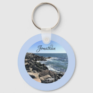 Round Photo of Atlantic Ocean Rocky Shoreline Sea Keychain