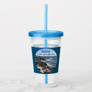 Round Photo of Ocean Shore Blue Sea 40 Birthday Acrylic Tumbler