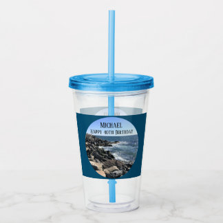 Round Photo of Ocean Shore Blue Sea 40 Birthday Acrylic Tumbler