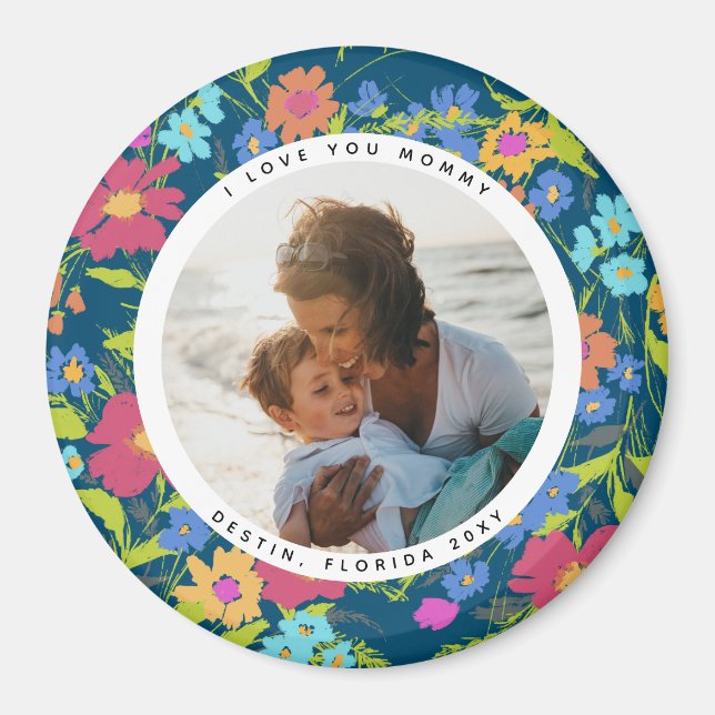Round Photo Pretty Wildflower Frame with Text Magnet (Front)