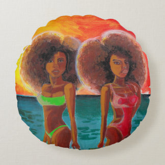Round Pillow unique painting of two beach Girls