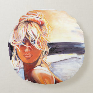 Round Pillow with unique painting of blond girl