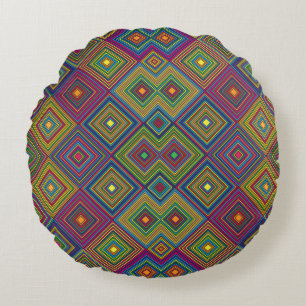 Round pillow with vibrant geometric patterns