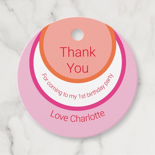 Round Pink 1st Birthday Favour Tags (Front)