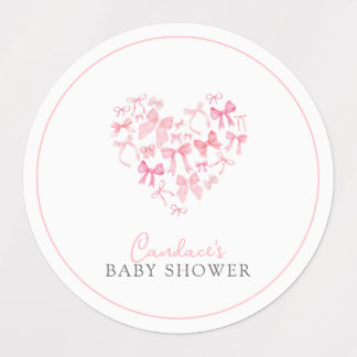 Round Pink Heart Bow Baby Shower favour sticker