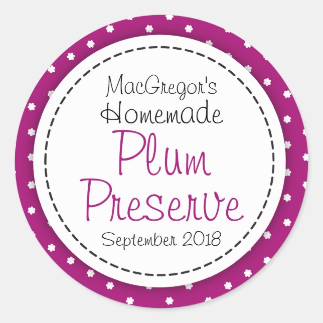 Round plum preserve or jam jar food label (Front)