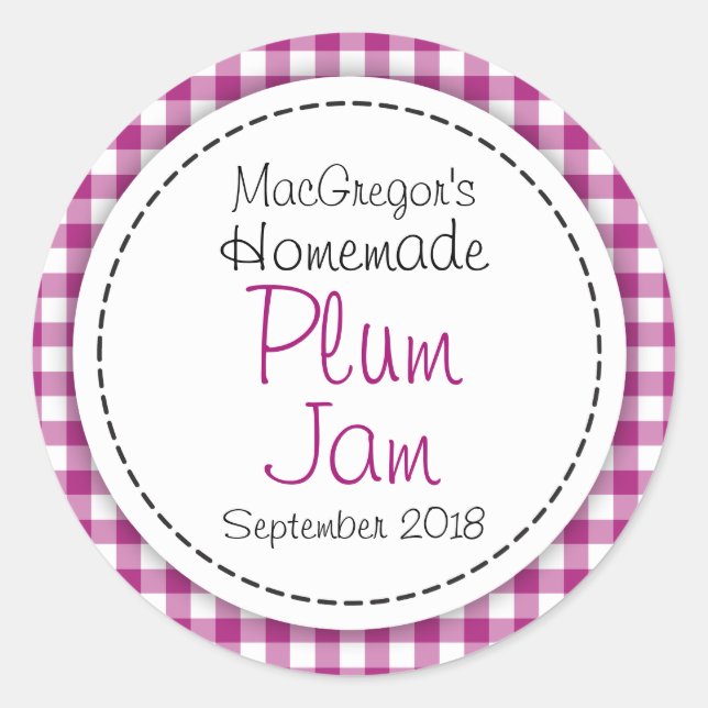 Round plum preserve or jam jar food label (Front)