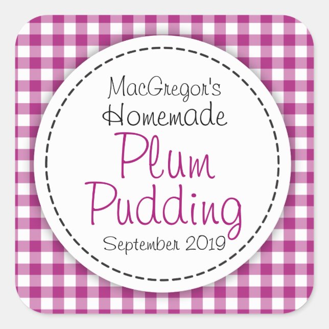 Round plum pudding preserve or jam jar food label (Front)