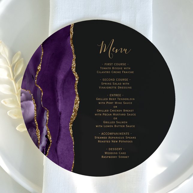 Round Purple Gold Agate Dark Wedding Menu (Creator Uploaded)