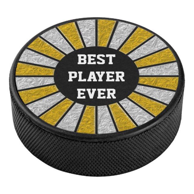 Round Rays Frame gold silver + your backgr. & idea Hockey Puck (3/4)