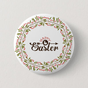Round Red And Green Floral Wreath With Bunny 2 Inch Round Button