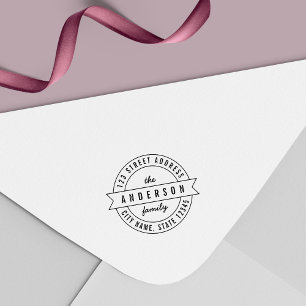 Round Ribbon Modern Family Name Return Address Self-inking Stamp