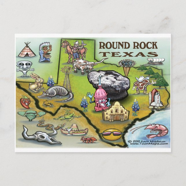 Round Rock Texas Cartoon Map Postcard (Front)