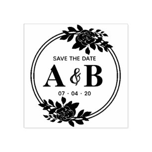 Round Rose Vintage Monogram Save The Date Rubber Stamp