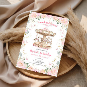 Round & Round Floral Carousel Birthday Invitation