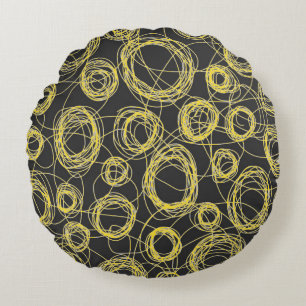 Round Scribbles Yellow and Black Round Pillow