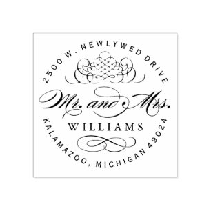 Round Scroll Mr. and Mrs. Monogram Return Address Rubber Stamp