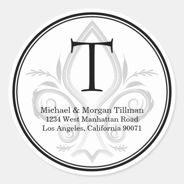 Round Simple Sticker Fleur Monogram Address Label (Front)