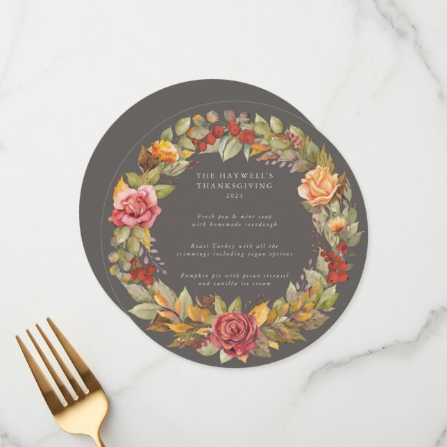 Round/Square Autumnal Wreath Thanksgiving Dinner Menu (Front/Back In Situ)