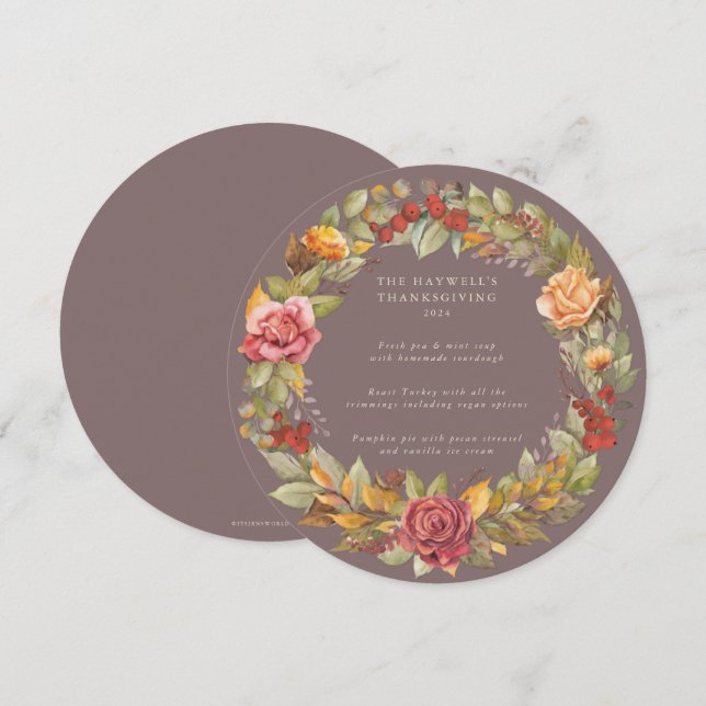 Round/Square Autumnal Wreath Thanksgiving Dinner Menu (Front/Back)