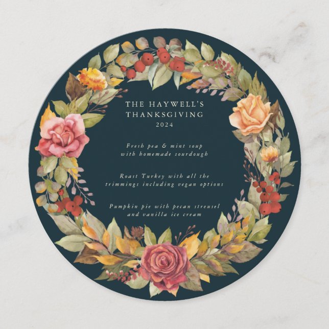 Round/Square Autumnal Wreath Thanksgiving Dinner Menu (Front)