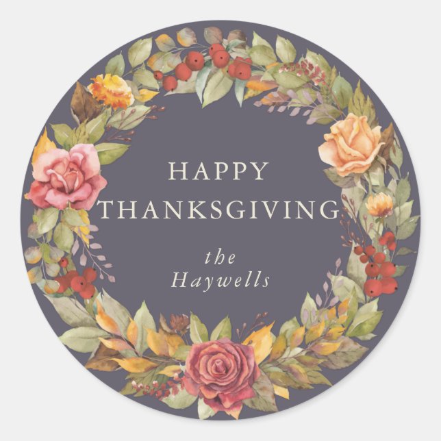 Round/Square Fall Wreath Happy Thanksgiving Classic Round Sticker (Front)