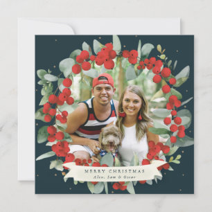 Round/Square Red Berry+Eucalyptus Christmas Wreath Holiday Card