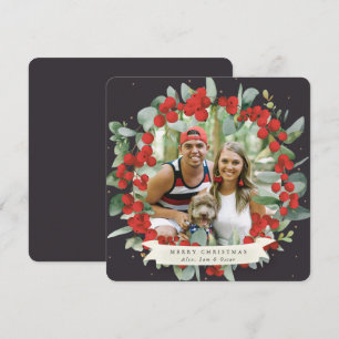 Round/Square Red Berry+Eucalyptus Christmas Wreath Holiday Card