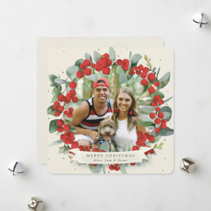 Round/Square Red Berry+Eucalyptus Christmas Wreath Holiday Card