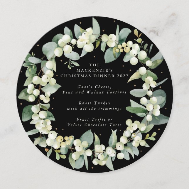 Round/Square Snowberry Wreath Christmas Dinner Menu (Front)