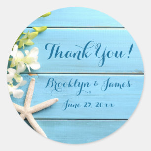 Round Starfish Wedding Stickers With Orchids