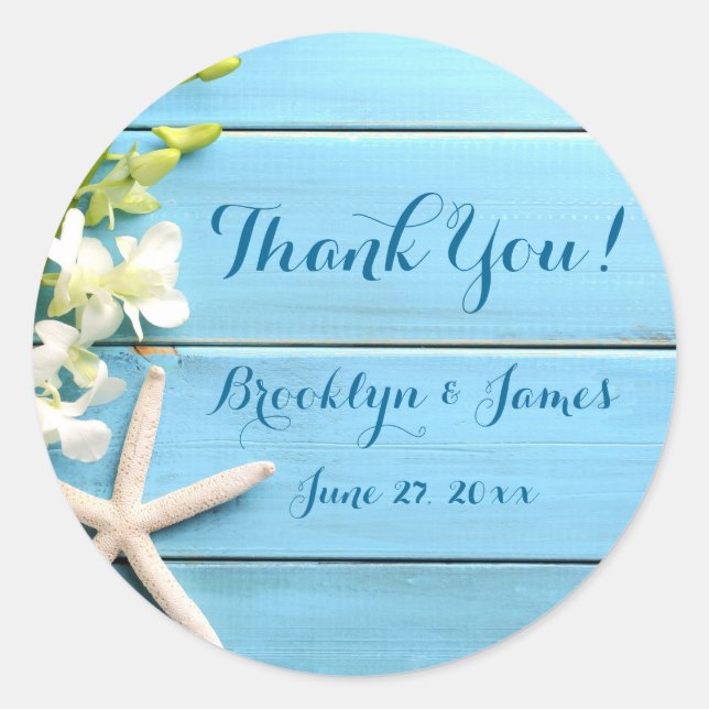 Round Starfish Wedding Stickers With Orchids (Front)